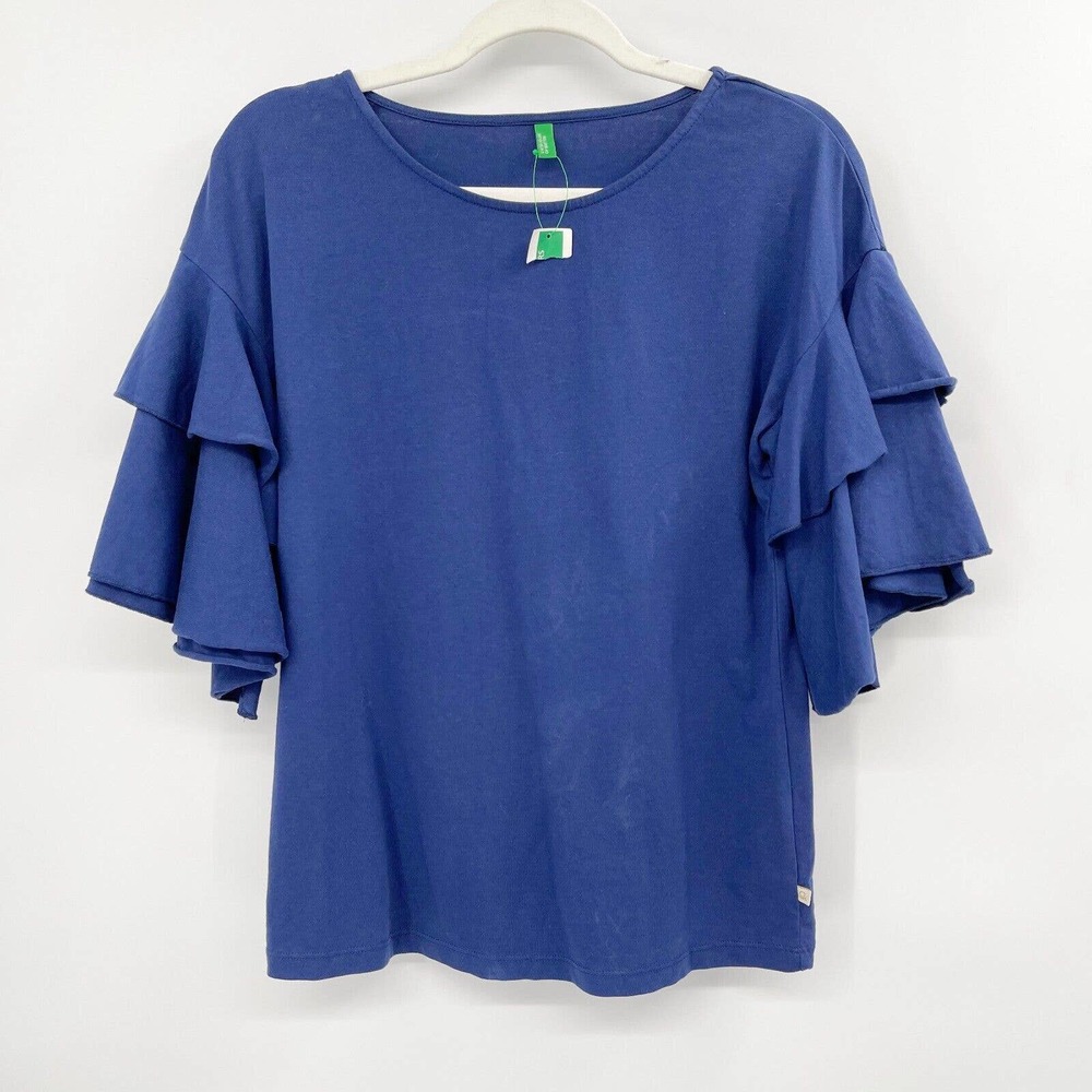 United‎ Colors of Benetton Ruffled Top Blue Solid Size XS 100% Cotton NWT